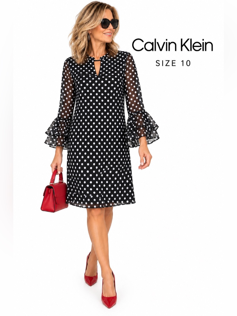 Calvin Klein Black Polka Dot Ruffle Sleeve Dress